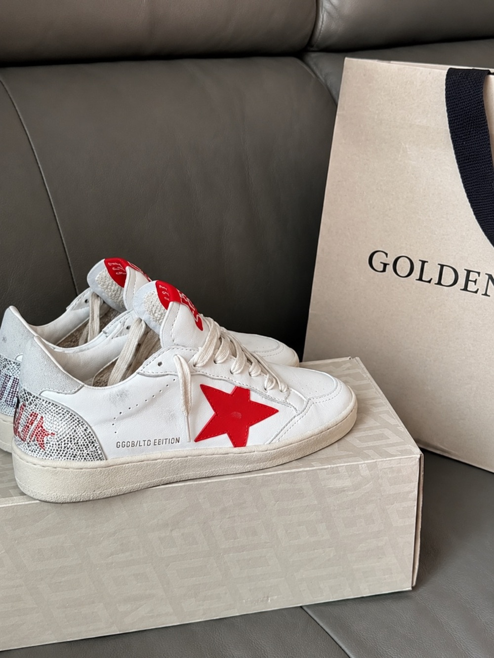 Golden Goose White Leather Sneakers with Red Star